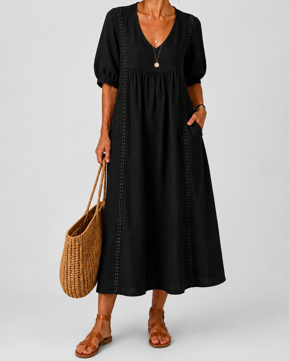 Cayetana – Vestido midi de lino y algodón con encaje
