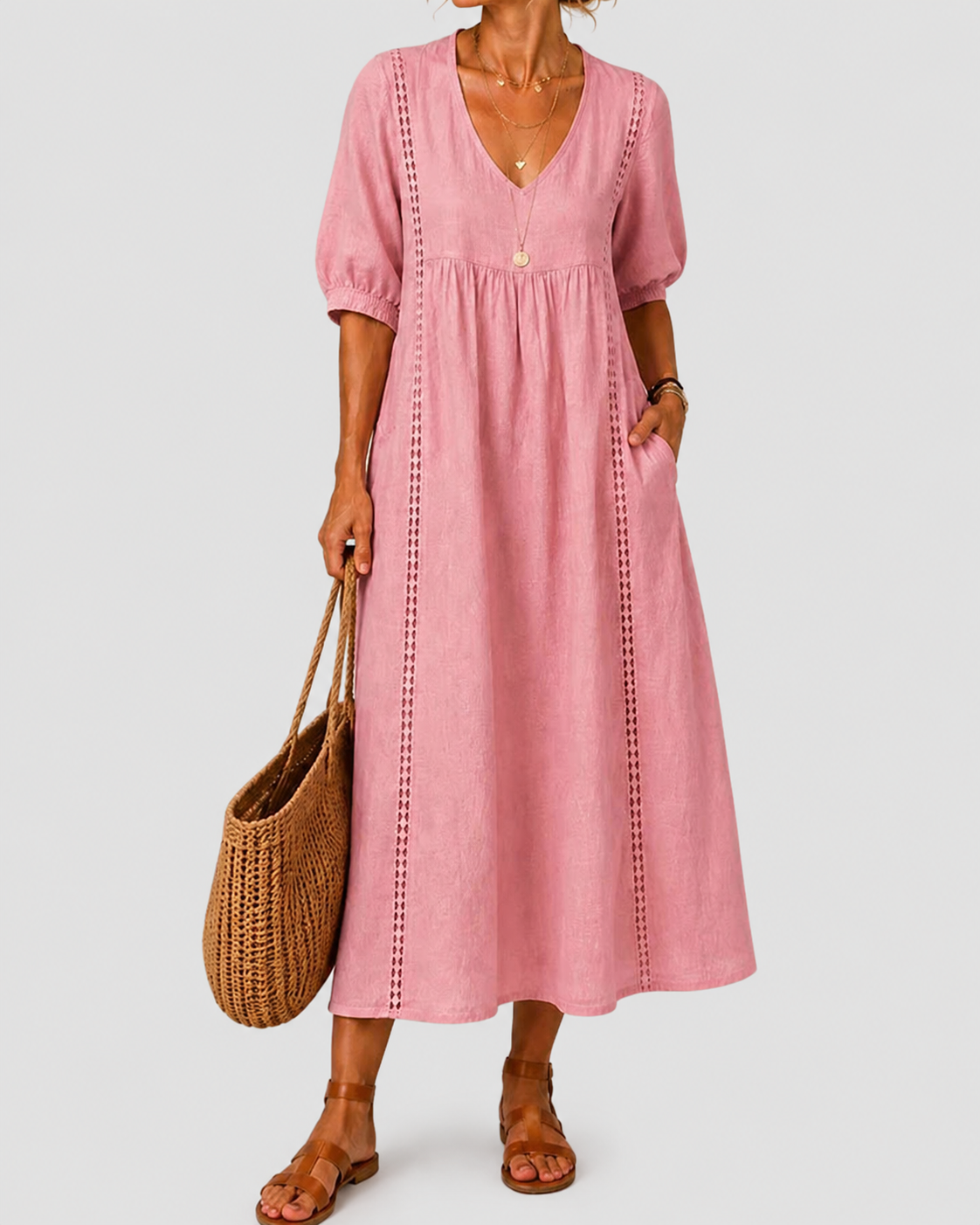 Cayetana – Vestido midi de lino y algodón con encaje