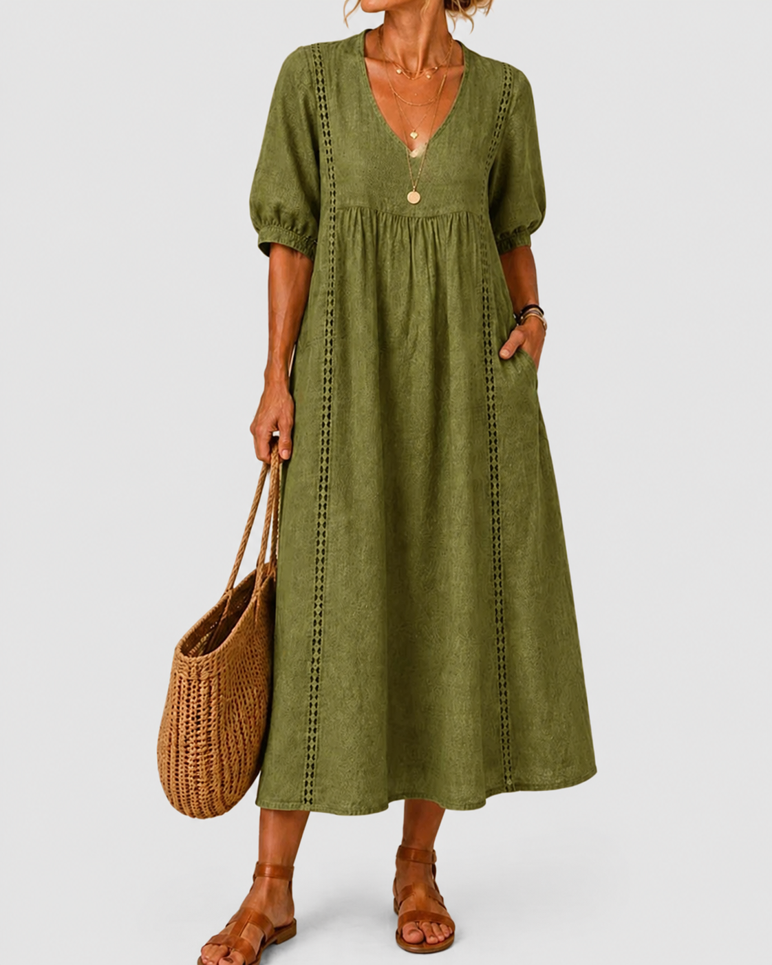 Cayetana – Vestido midi de lino y algodón con encaje