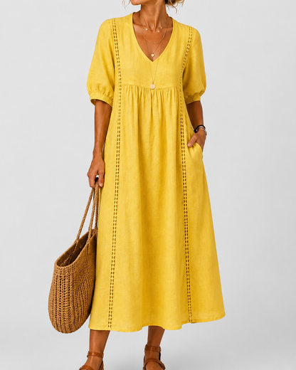 Cayetana – Vestido midi de lino y algodón con encaje