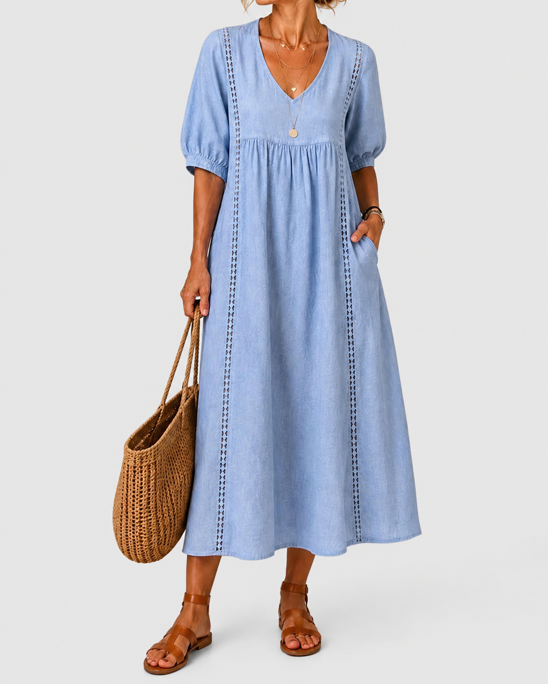 Cayetana – Vestido midi de lino y algodón con encaje