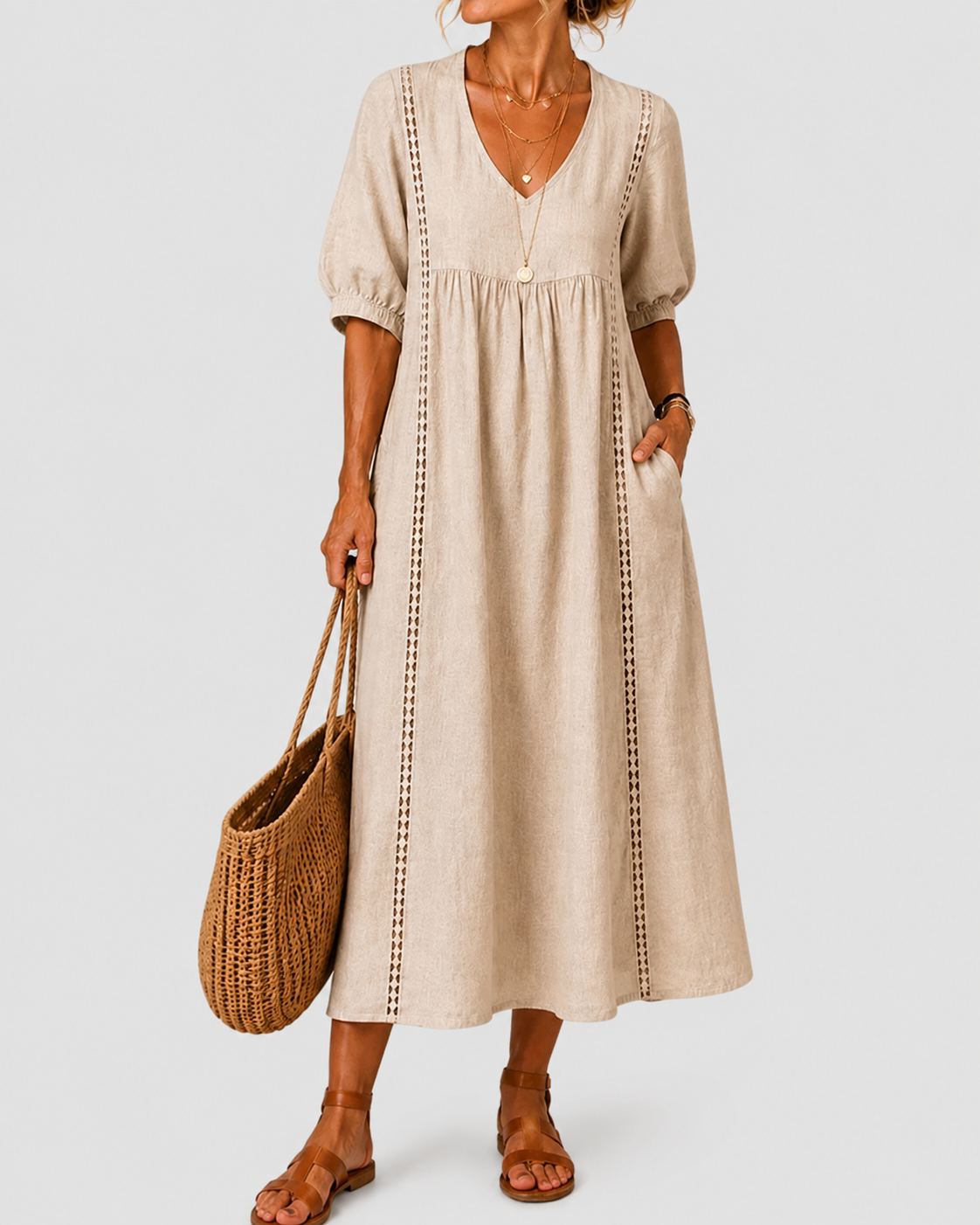 Cayetana – Vestido midi de lino y algodón con encaje