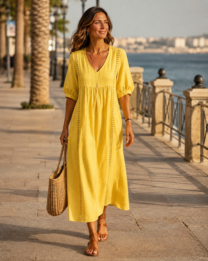 Cayetana – Vestido midi de lino y algodón con encaje