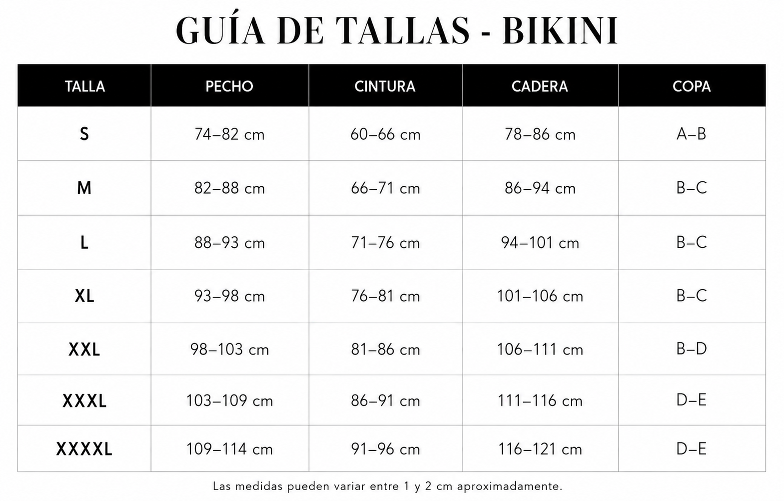 Guía de tallas Sabina – Bikini de cintura alta con mesh desmontable