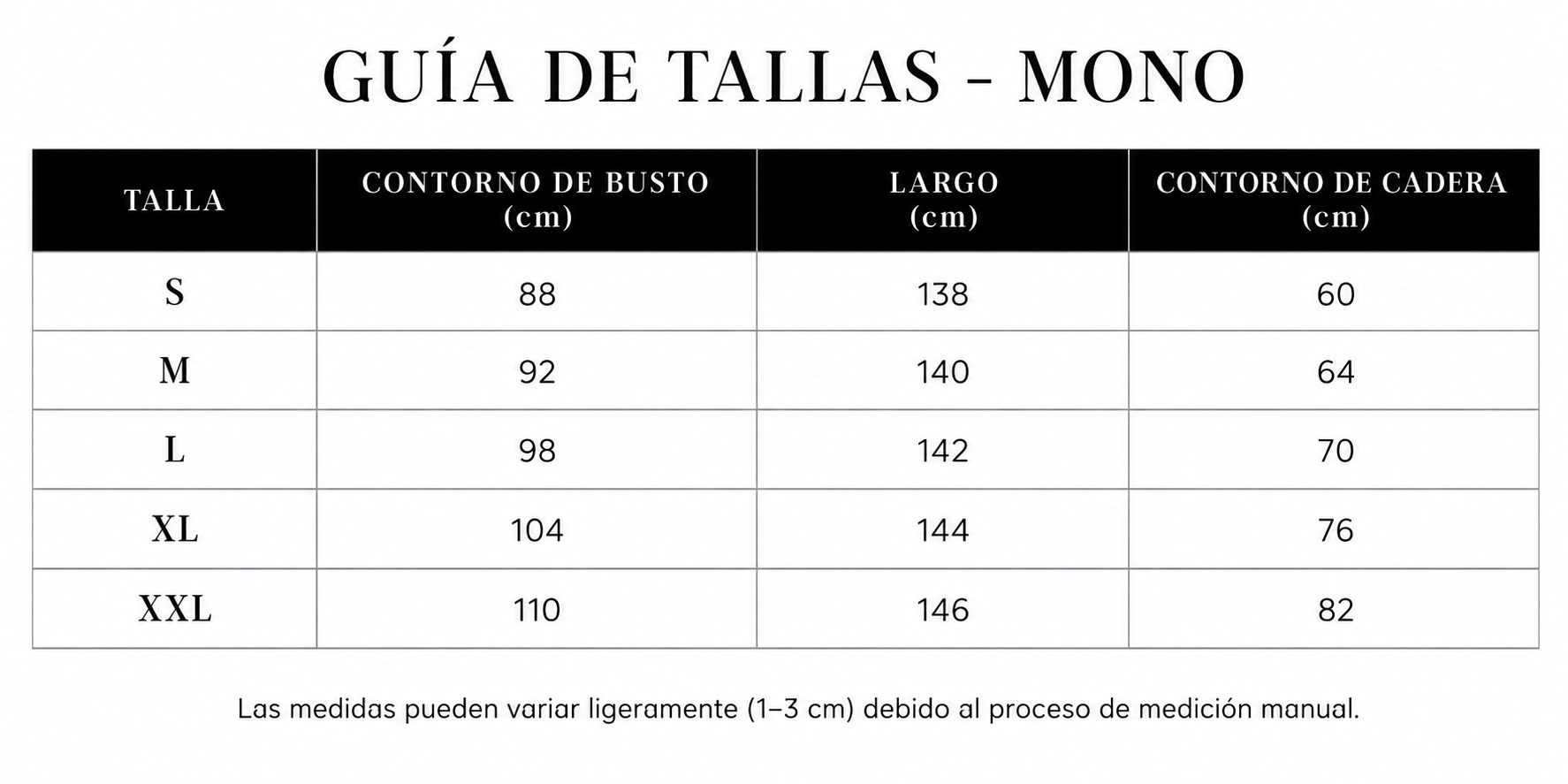 Guía de tallas Rocío – Mono sin mangas de pierna ancha