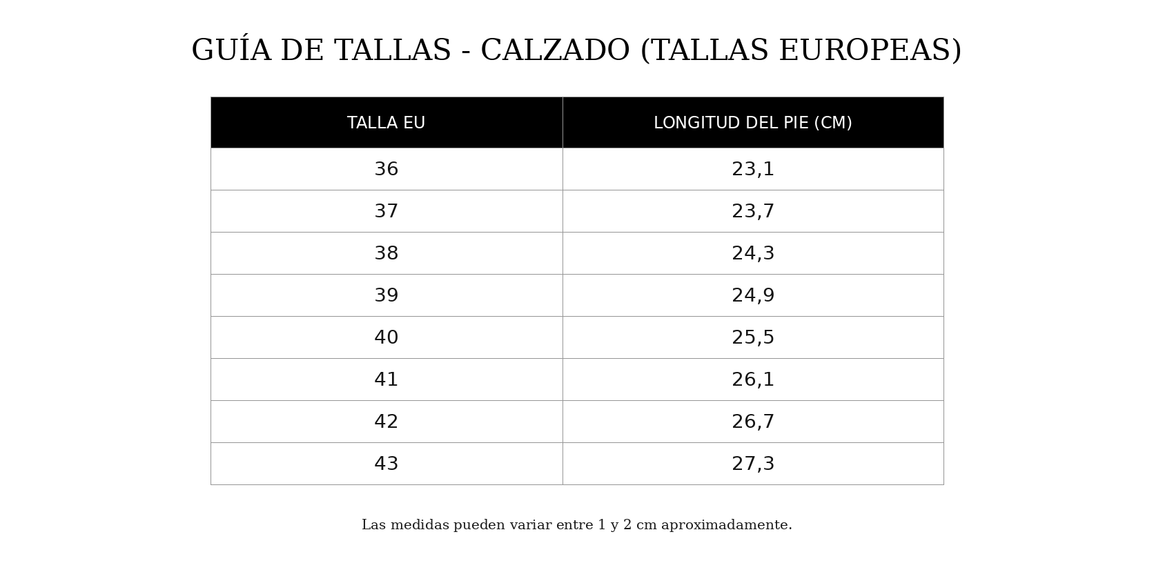 Guía de tallas Serena – Sandalias con plataforma y tejido transpirable