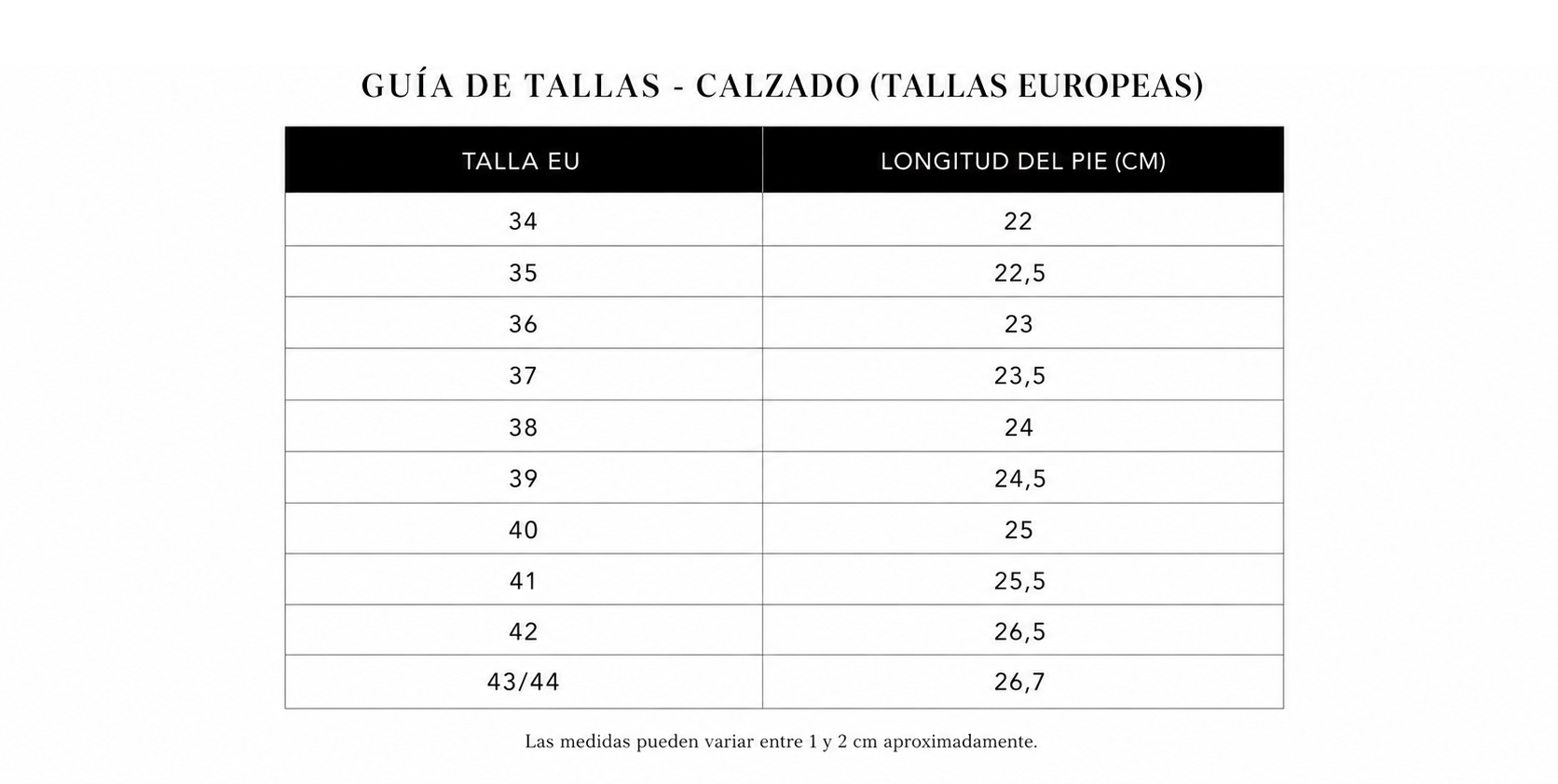 Guía de tallas Claudia – Sandalias anatómicas de verano